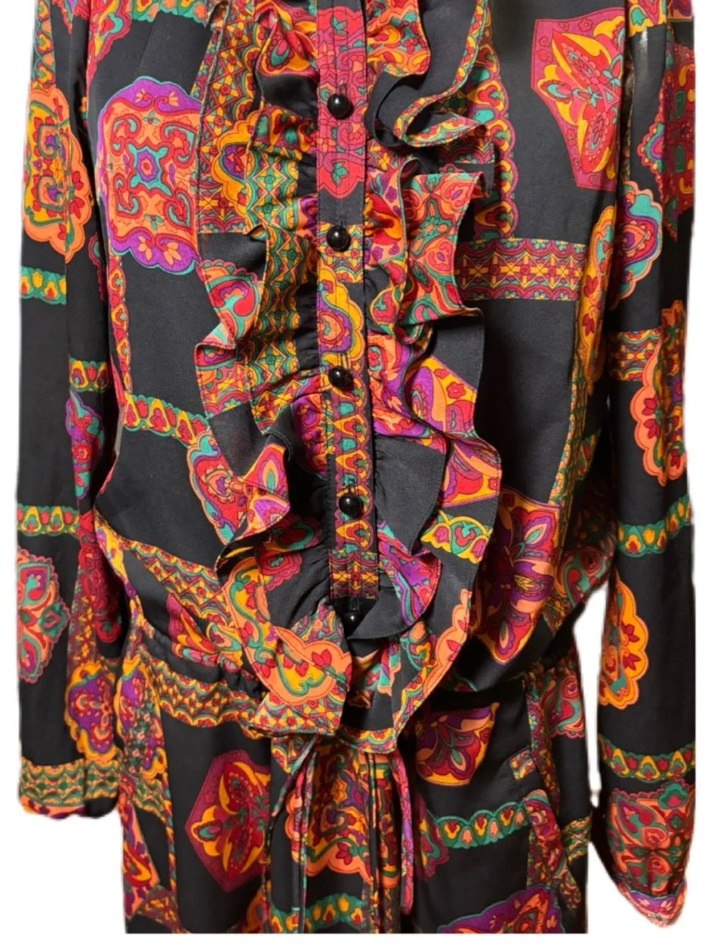 Phoebe Couture Black Long Sleeve Paisley Medallion Dress with Multicolor Accents - Picture 4 of 13